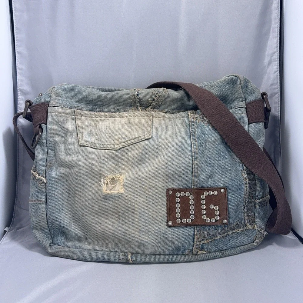 Vintage Dolce & Gabbana Distressed Patchwork Denim Messenger Bag Y2K Archive
